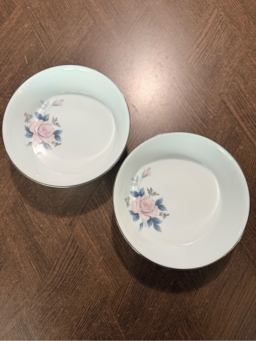 Noritake Lucia Pink Rose Platinum Trim Bowls 9in Set of 2 Japan Vintage EUC